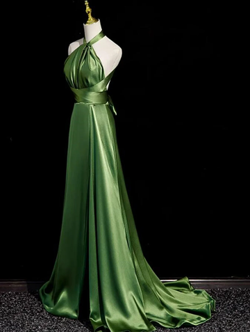 A line Green Satin Halter Backless Prom Dress Prom Dress SD1294